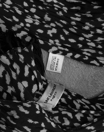 Saint Laurent Paris SS13 Black & White Leopard Print Silk Fringe Scarf