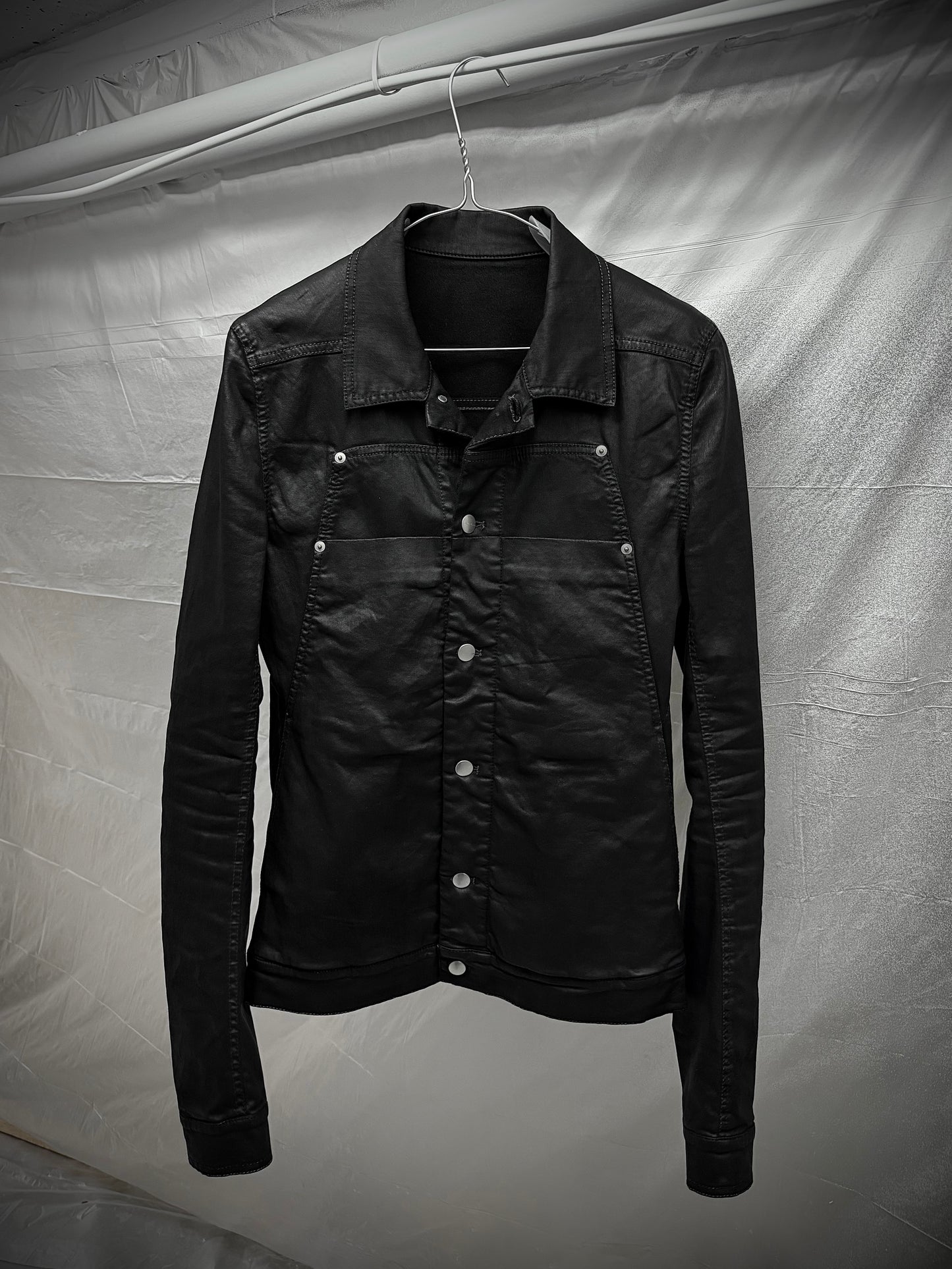 Rick Owens SS19 "BABEL" BLACK WAX Paneled Denim Trucker Jacket | Archive Fashion Toronto