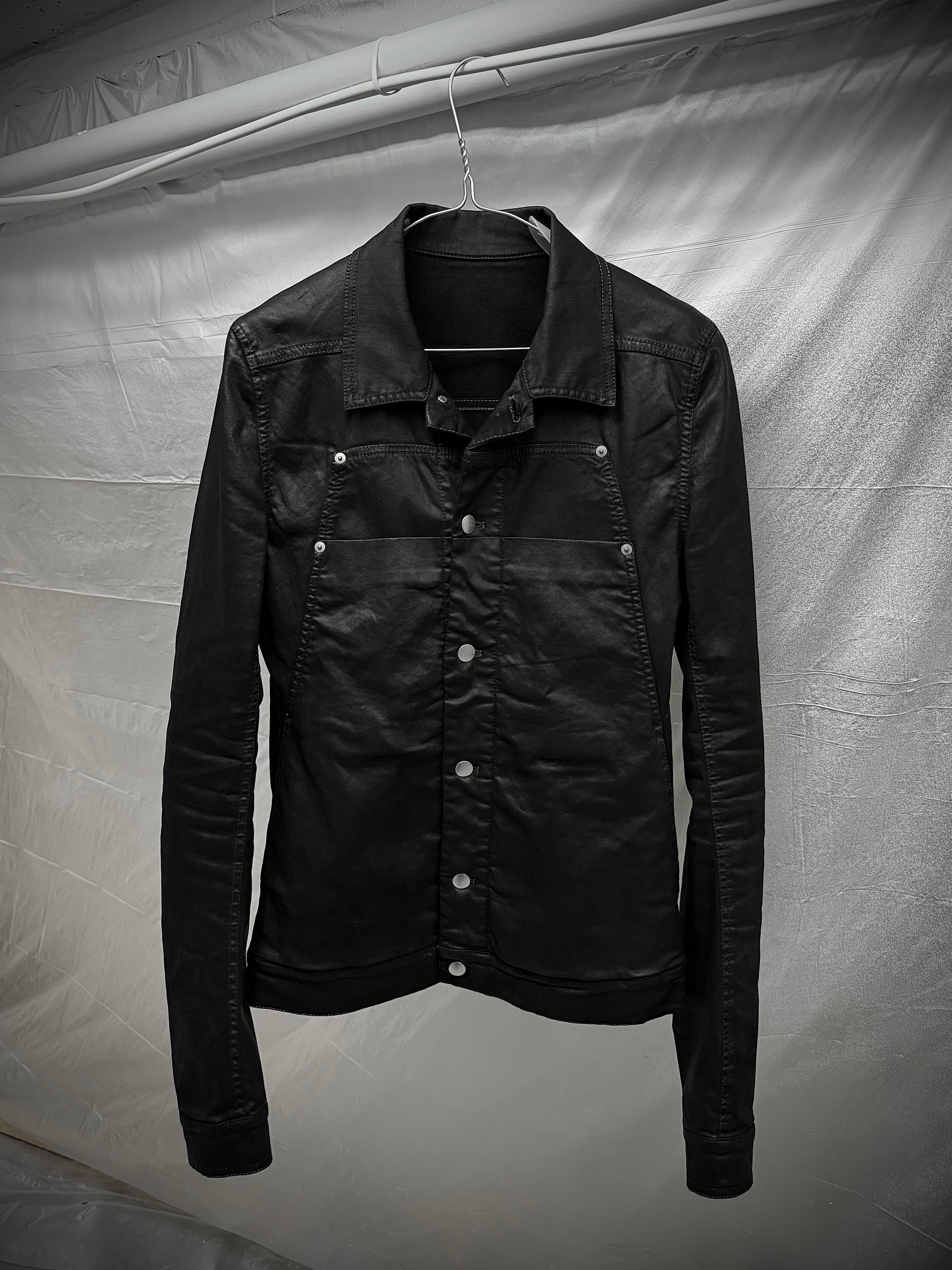 Rick Owens SS19 "BABEL" BLACK WAX Paneled Denim Trucker Jacket | Archive Fashion Toronto