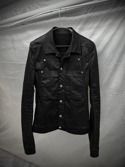 Rick Owens SS19 "BABEL" BLACK WAX Paneled Denim Trucker Jacket | Archive Fashion Toronto