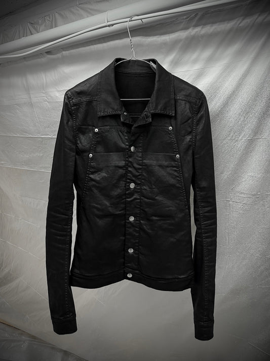 Rick Owens SS19 "BABEL" BLACK WAX Paneled Denim Trucker Jacket | Archive Fashion Toronto