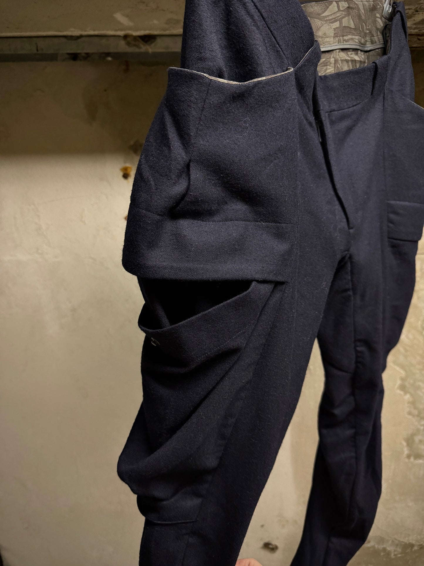 DEVOA DEOVA 2010s Dark Navy Wool J-cut Cargos Pants detail | DRIEW GARMENTS