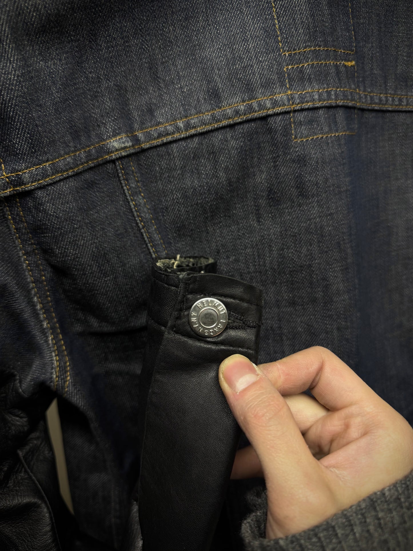 Helmut Lang SS03 Hybrid Lamb Leather Sleeve Raw Denim Jacket