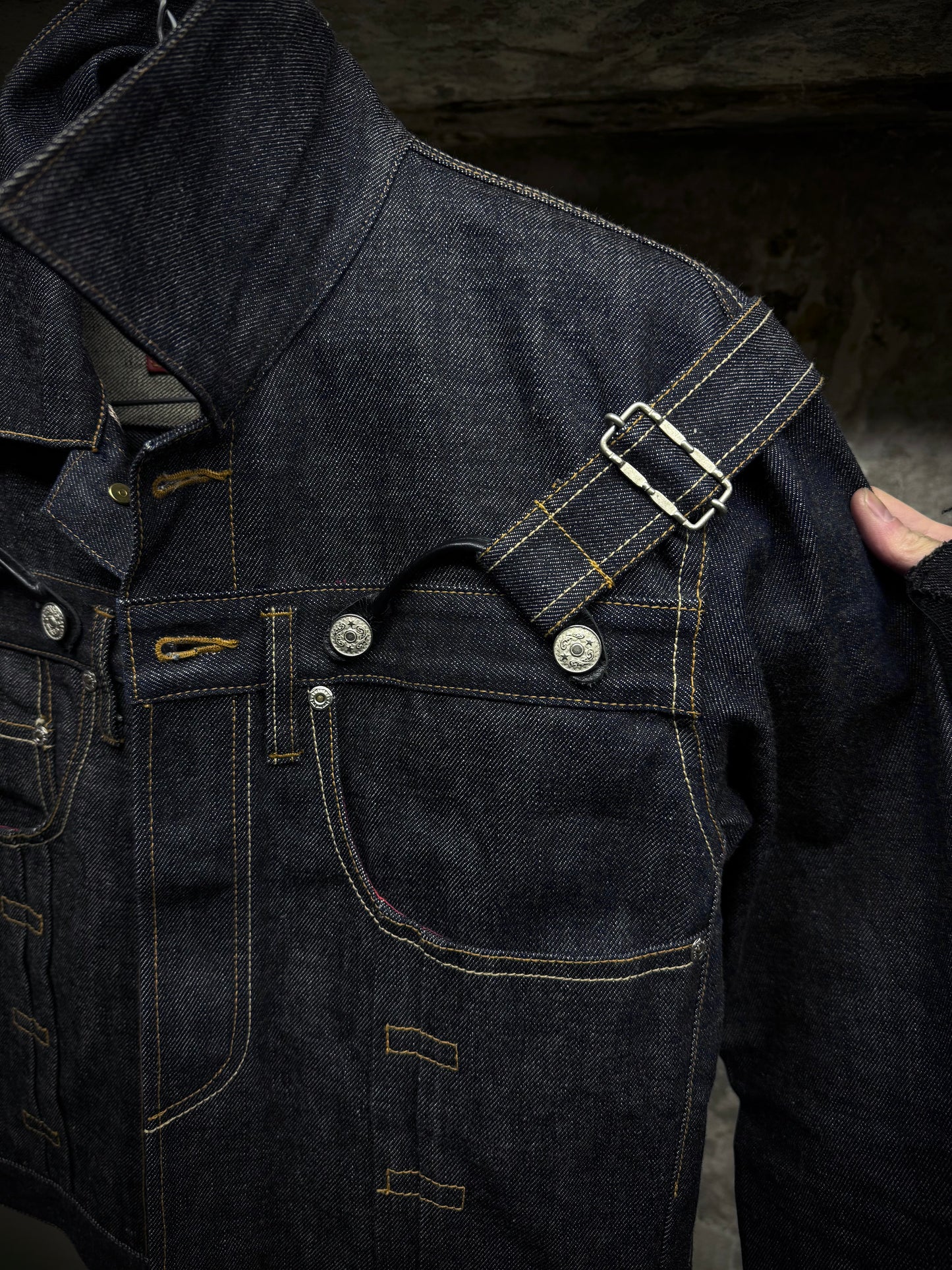 Yuji Yamada 00s 'FURNISHINGS' Removable Leather Harness Raw Denim 'Jean' Jacket detail | DRIEW GARMENTS