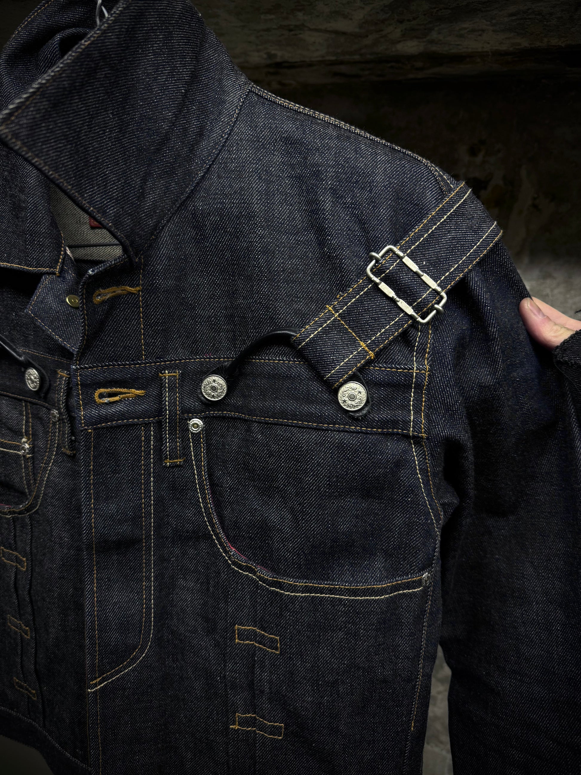 Yuji Yamada 00s 'FURNISHINGS' Removable Leather Harness Raw Denim 'Jean' Jacket detail | DRIEW GARMENTS