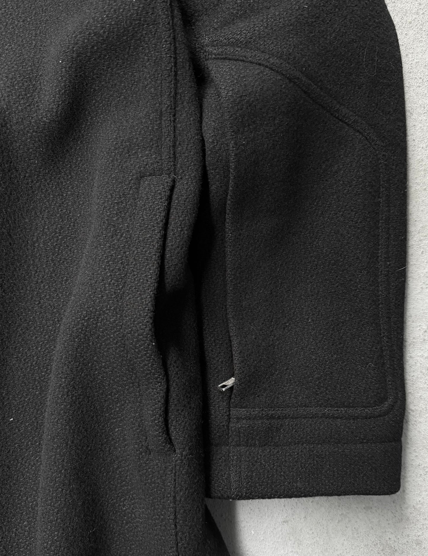 Rick Owens AW15 "SPHINX" Mollino Asymmetrical Front Zip Heavy Wool Coat detail | DRIEW GARMENTS