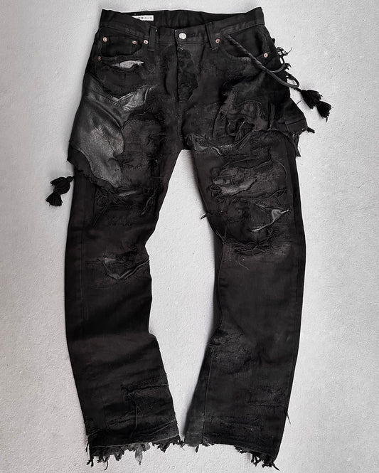 DenimDealer Reconstructed Repaired Boro Leather Patchwork ‘Ethnic’ Bootcut Pants