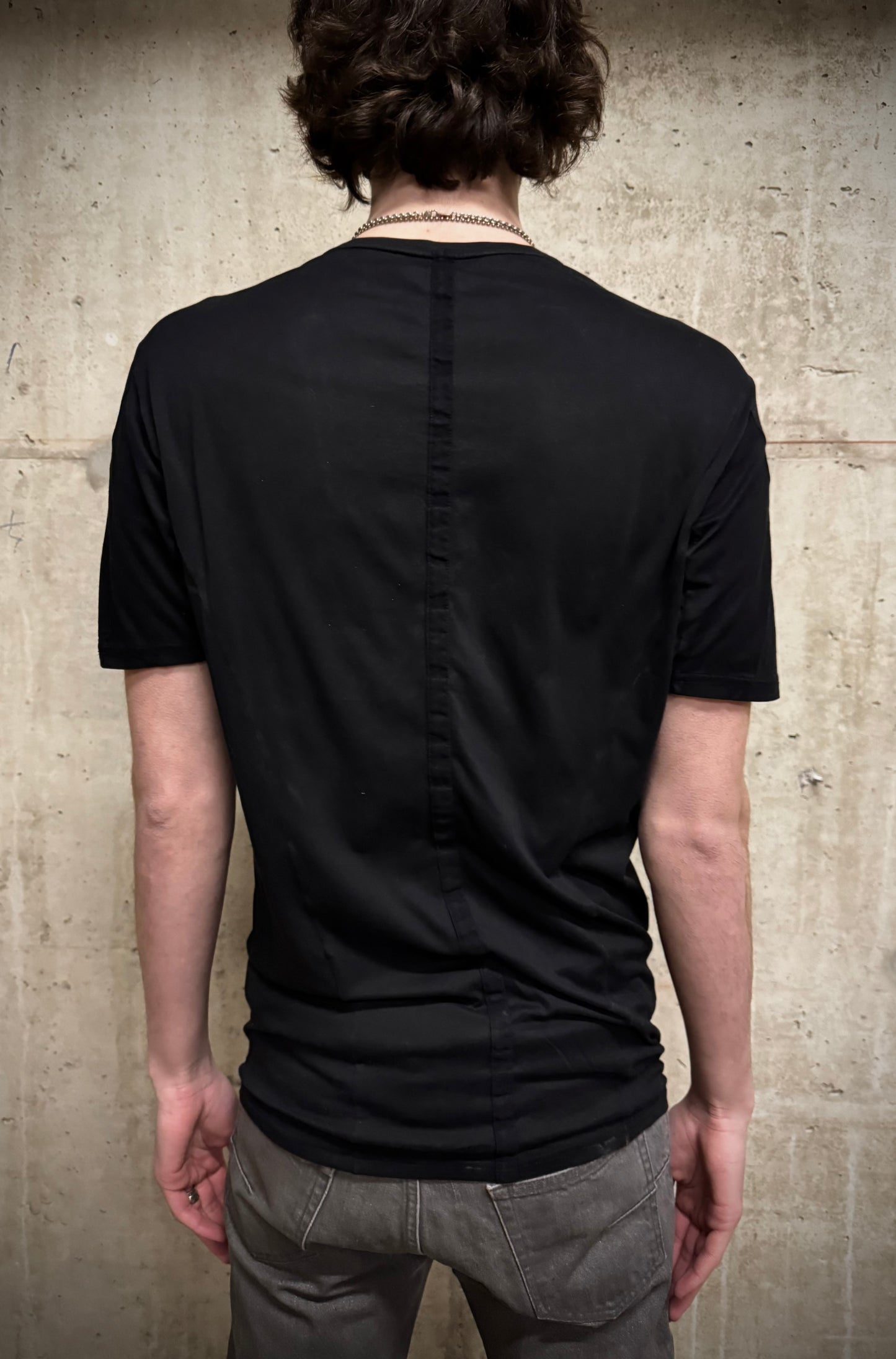 DEVOA Rolled Neck Blistered Leather Back Seam Panel T-shirt detail | DRIEW GARMENTS