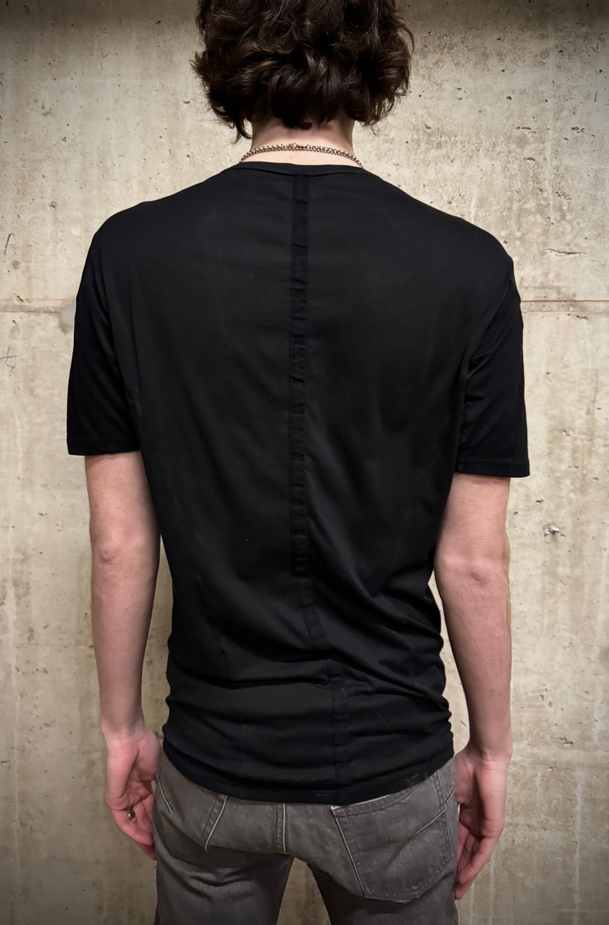 DEVOA Rolled Neck Blistered Leather Back Seam Panel T-shirt detail | DRIEW GARMENTS