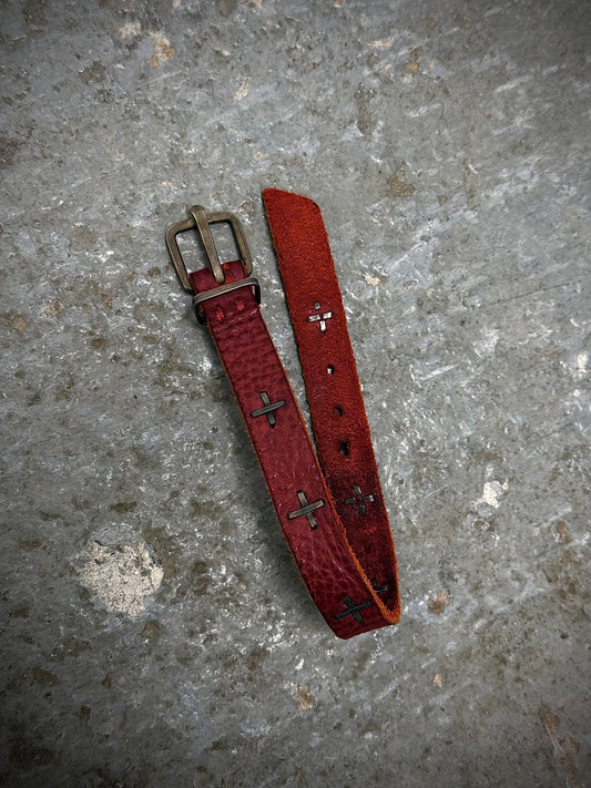 m.a+ by Maurizio Amadei 'A-F2B1' BI 3.0 .925 Silver Cross Skinny Red Bison Leather Skinny Wristband | Archive Fashion Toronto