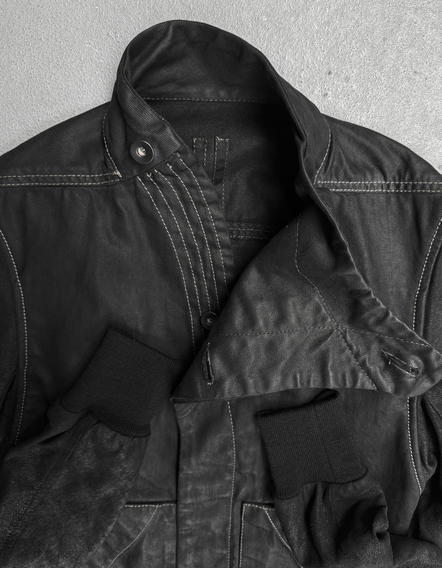 Rick Owens DRKSHDW SS13 "ISLAND" Slave Hybrid Leather Sleeves Waxed Denim Jacket