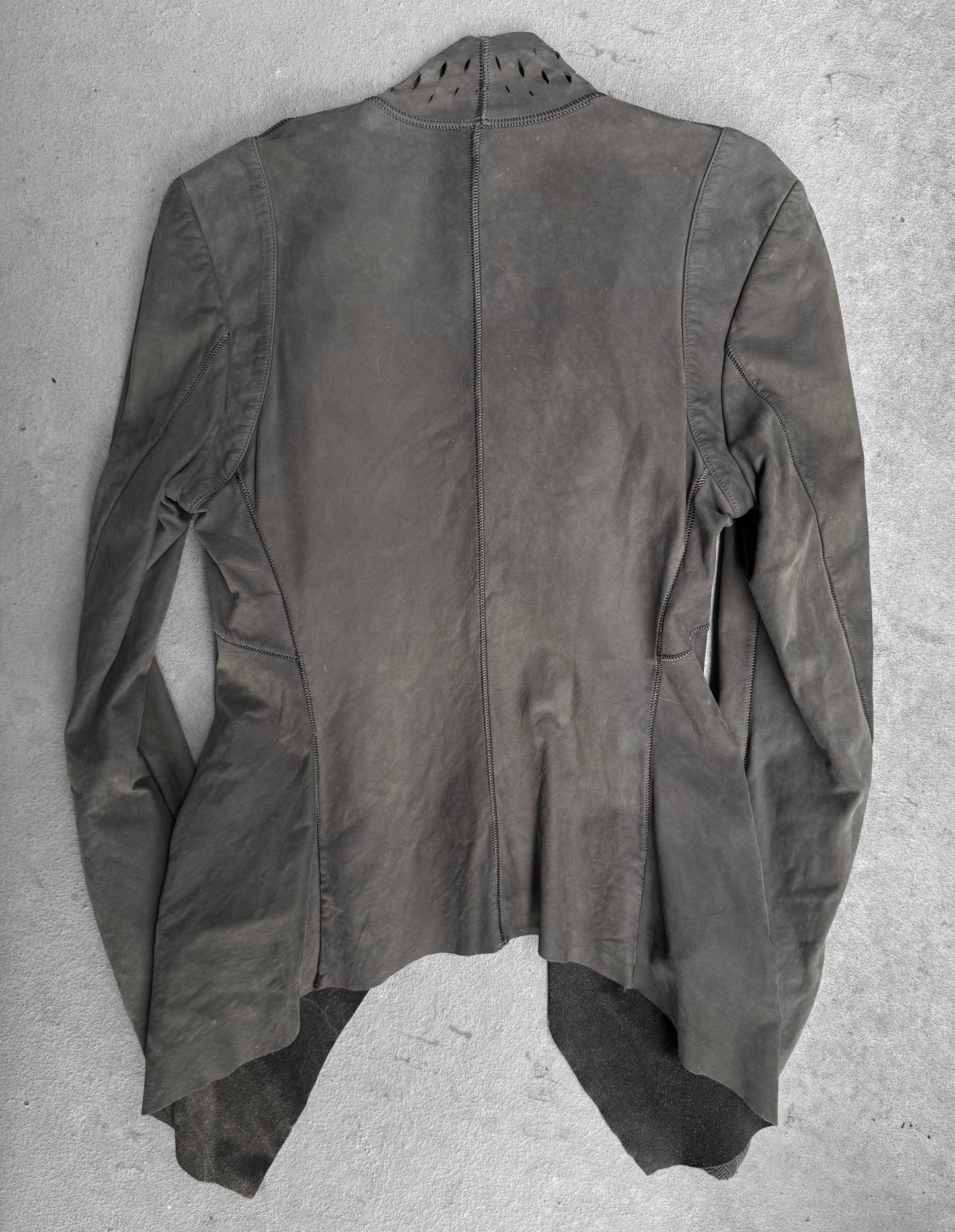 Isaac Sellam: “Experience” Open-front Laser Cut Calfskin Leather Cardigan