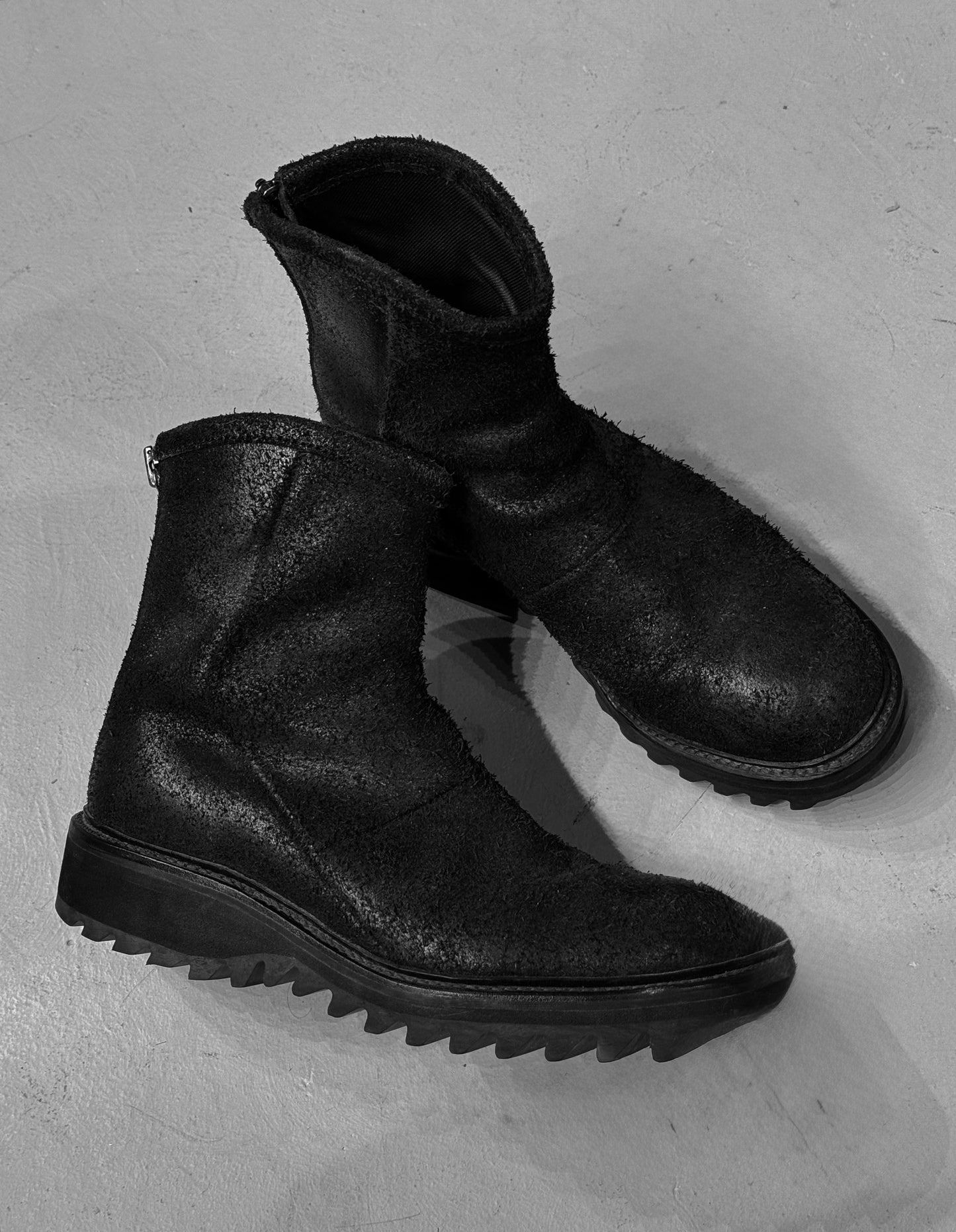 Julius_7 SS16 “Angel_s;” Blistered Reverse Cow Leather Back Zip Boots
