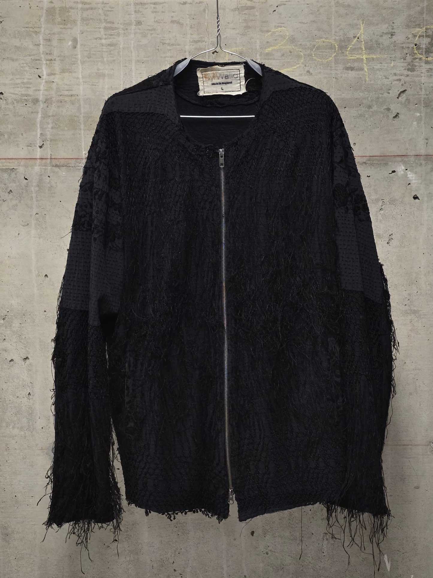 By Walid Black Silk Floral Embroidered Sashiko Fringe Front Zip Jacket