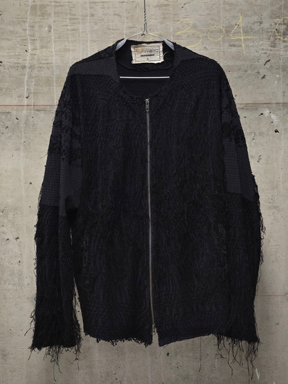 By Walid Black Silk Floral Embroidered Sashiko Fringe Front Zip Jacket