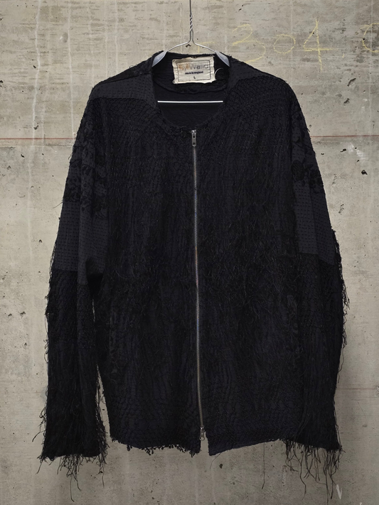 By Walid Black Silk Floral Embroidered Sashiko Fringe Front Zip Jacket