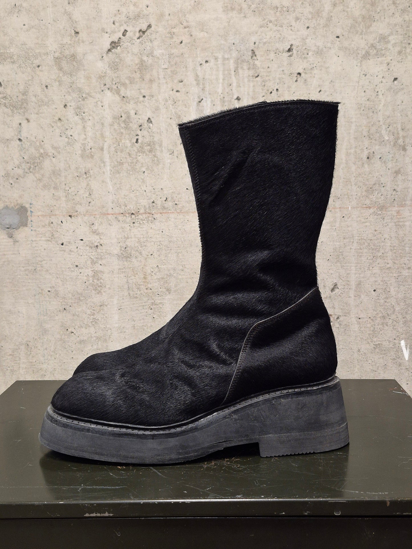 Julius_7 AW16-17 "beast;" Tall Cow Hair Side Zip Leather Boots