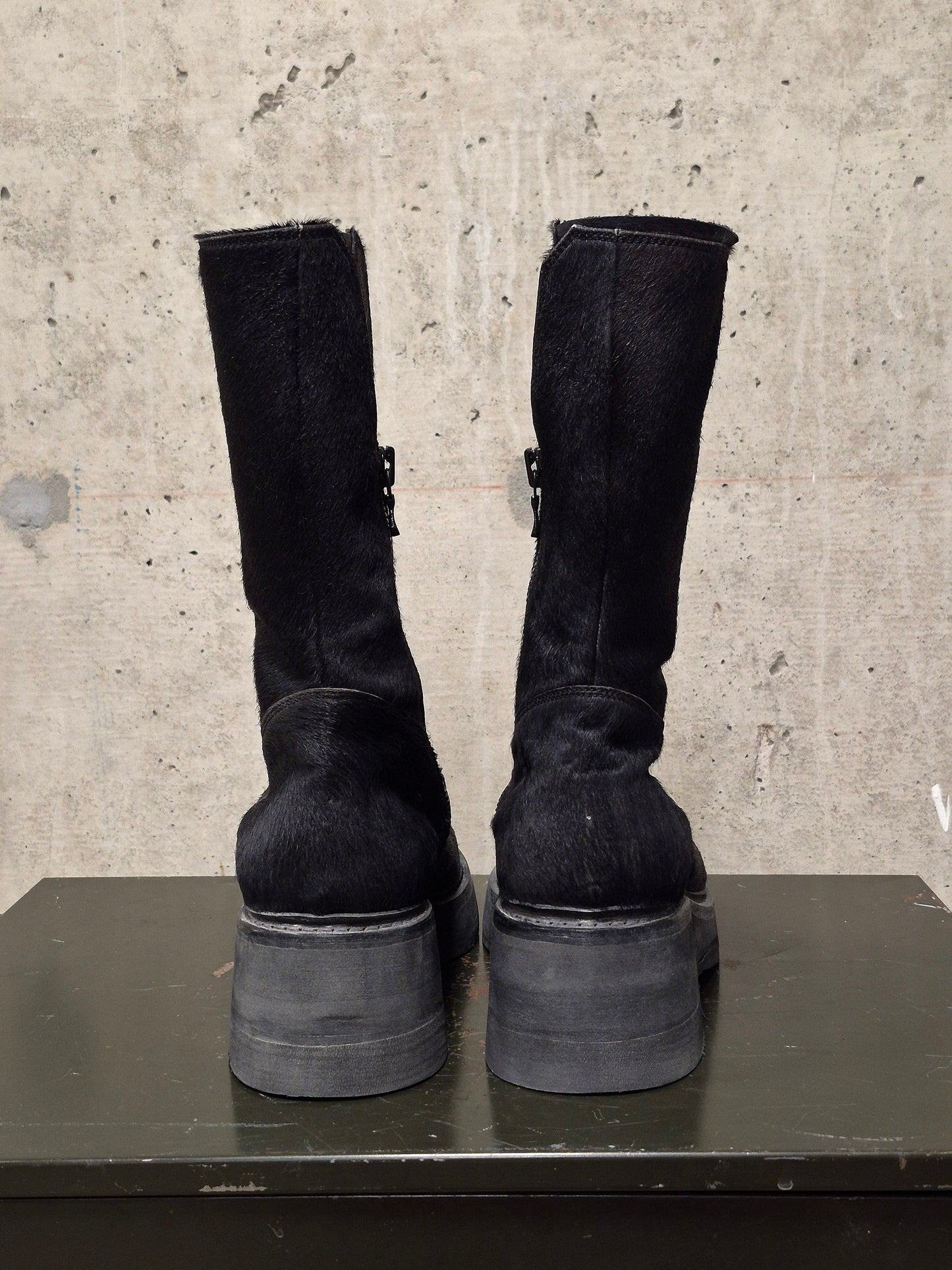 Julius_7 AW16-17 "beast;" Tall Cow Hair Side Zip Leather Boots