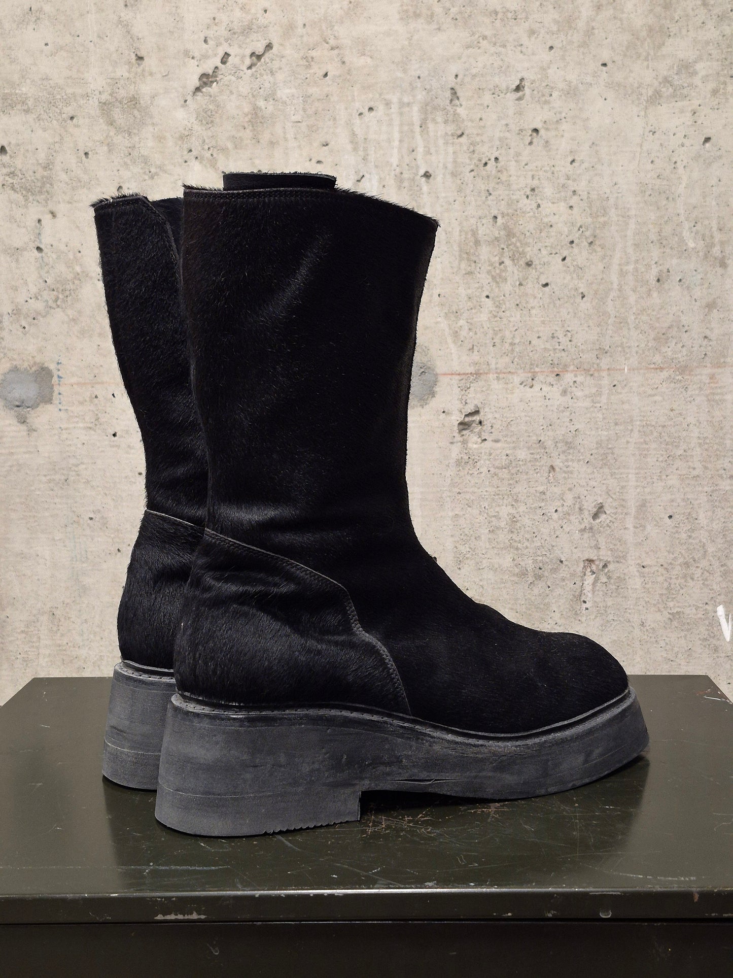 Julius_7 AW16-17 "beast;" Tall Cow Hair Side Zip Leather Boots