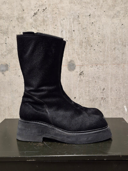 Julius_7 AW16-17 "beast;" Tall Cow Hair Side Zip Leather Boots