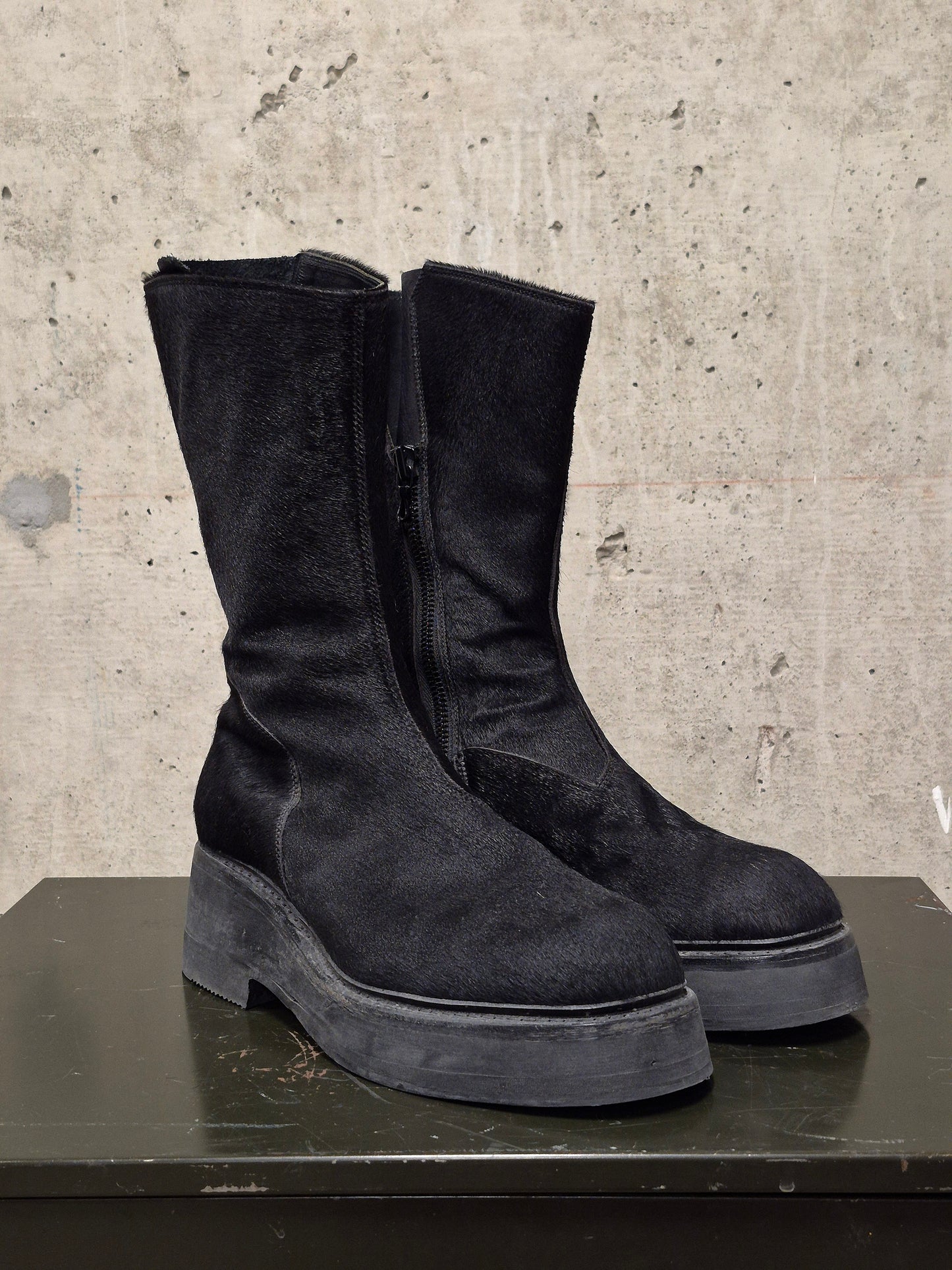 Julius_7 AW16-17 "beast;" Tall Cow Hair Side Zip Leather Boots