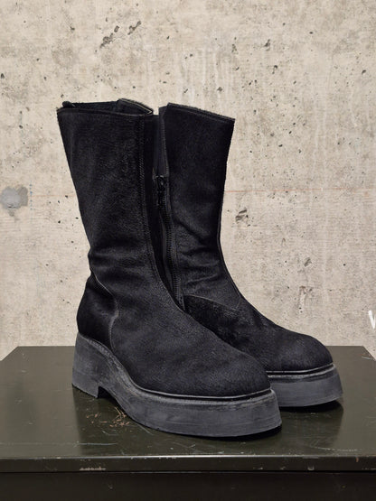 Julius_7 AW16-17 "beast;" Tall Cow Hair Side Zip Leather Boots