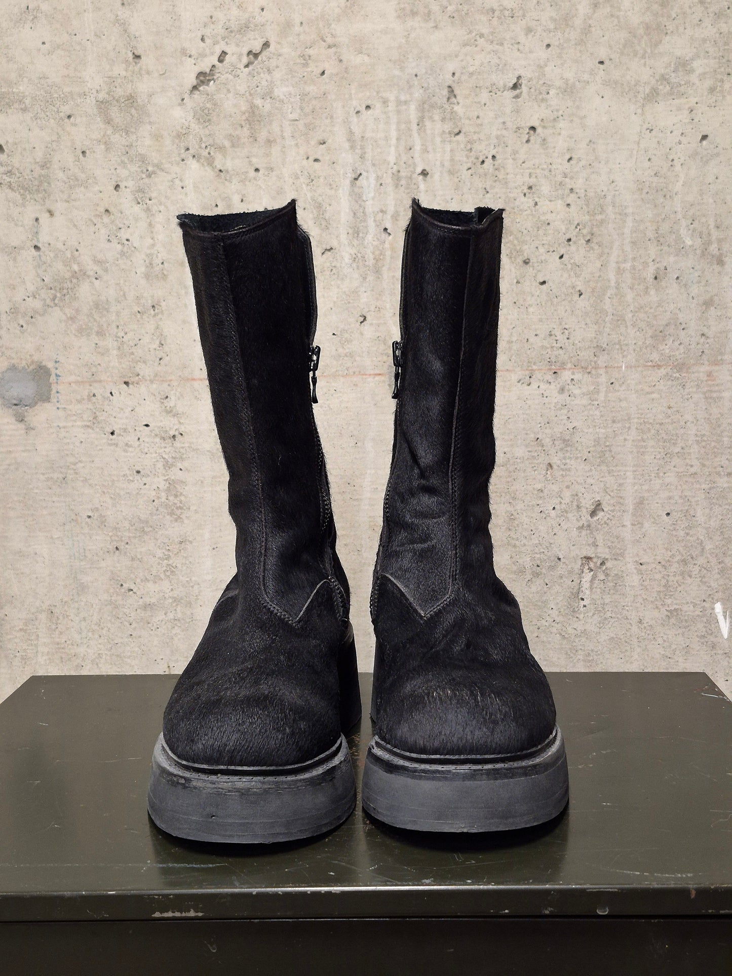 Julius_7 AW16-17 "beast;" Tall Cow Hair Side Zip Leather Boots