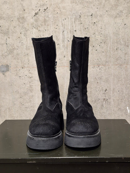 Julius_7 AW16-17 "beast;" Tall Cow Hair Side Zip Leather Boots
