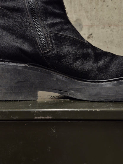 Julius_7 AW16-17 "beast;" Tall Cow Hair Side Zip Leather Boots