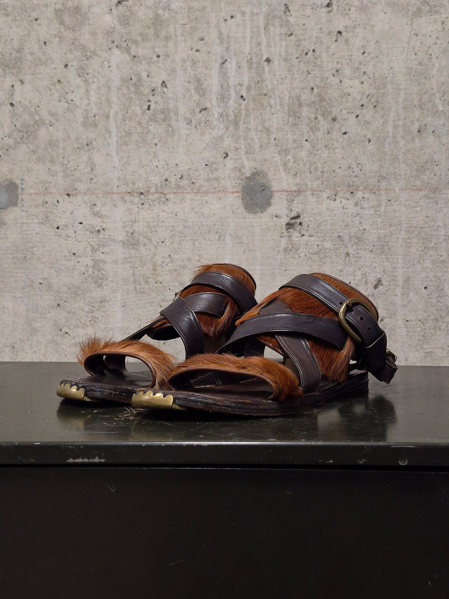 MiharaYasuhiro Early 00s Brown Pony Hair Gladiator Sandals