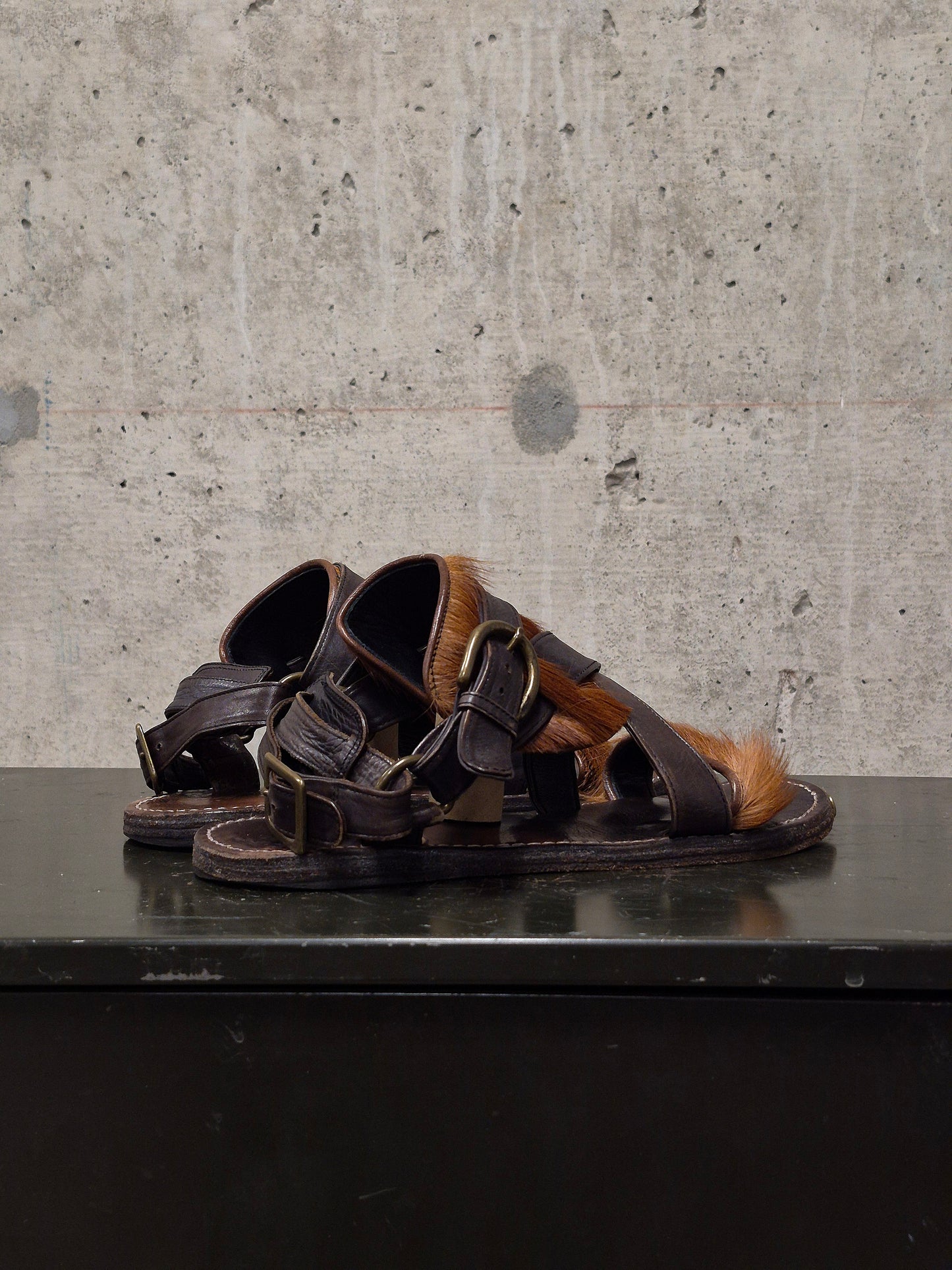 MiharaYasuhiro Early 00s Brown Pony Hair Gladiator Sandals