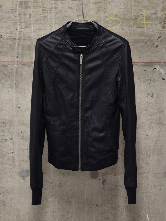 Rick Owens SS09 "STRUTTER" Black Lambskin Intarsia Snap Collar Leather Rider Jacket