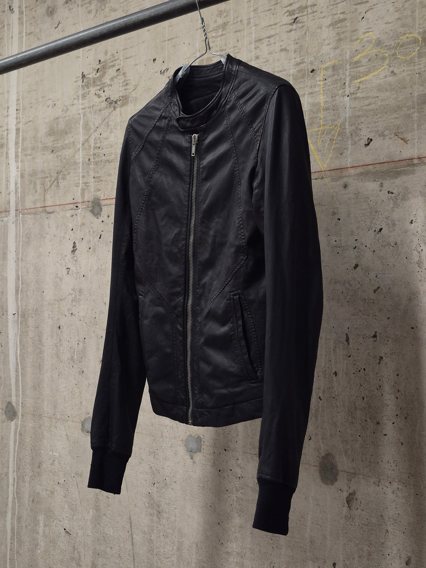 Rick Owens SS09 "STRUTTER" Black Lambskin Intarsia Snap Collar Leather Rider Jacket