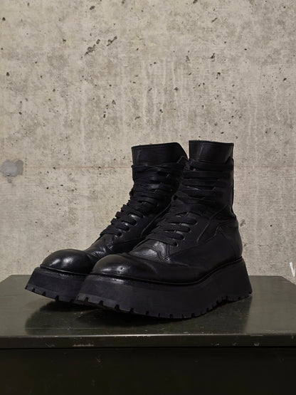 Julius_7 Pre-SS22 'Writhe;' Back Zip Front Lace Cow Leather Chunky Military Boots
