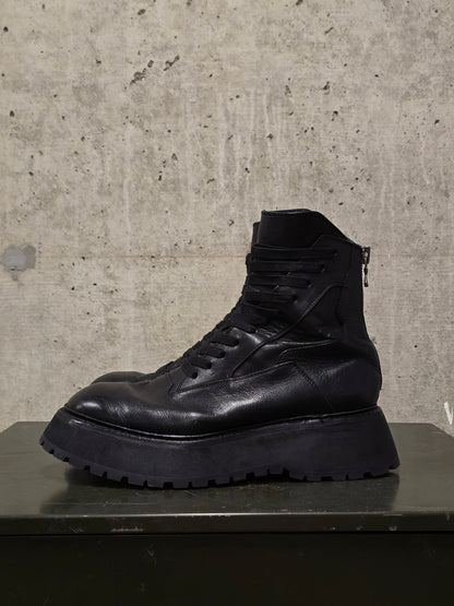 Julius_7 Pre-SS22 'Writhe;' Back Zip Front Lace Cow Leather Chunky Military Boots