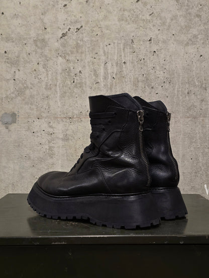 Julius_7 Pre-SS22 'Writhe;' Back Zip Front Lace Cow Leather Chunky Military Boots