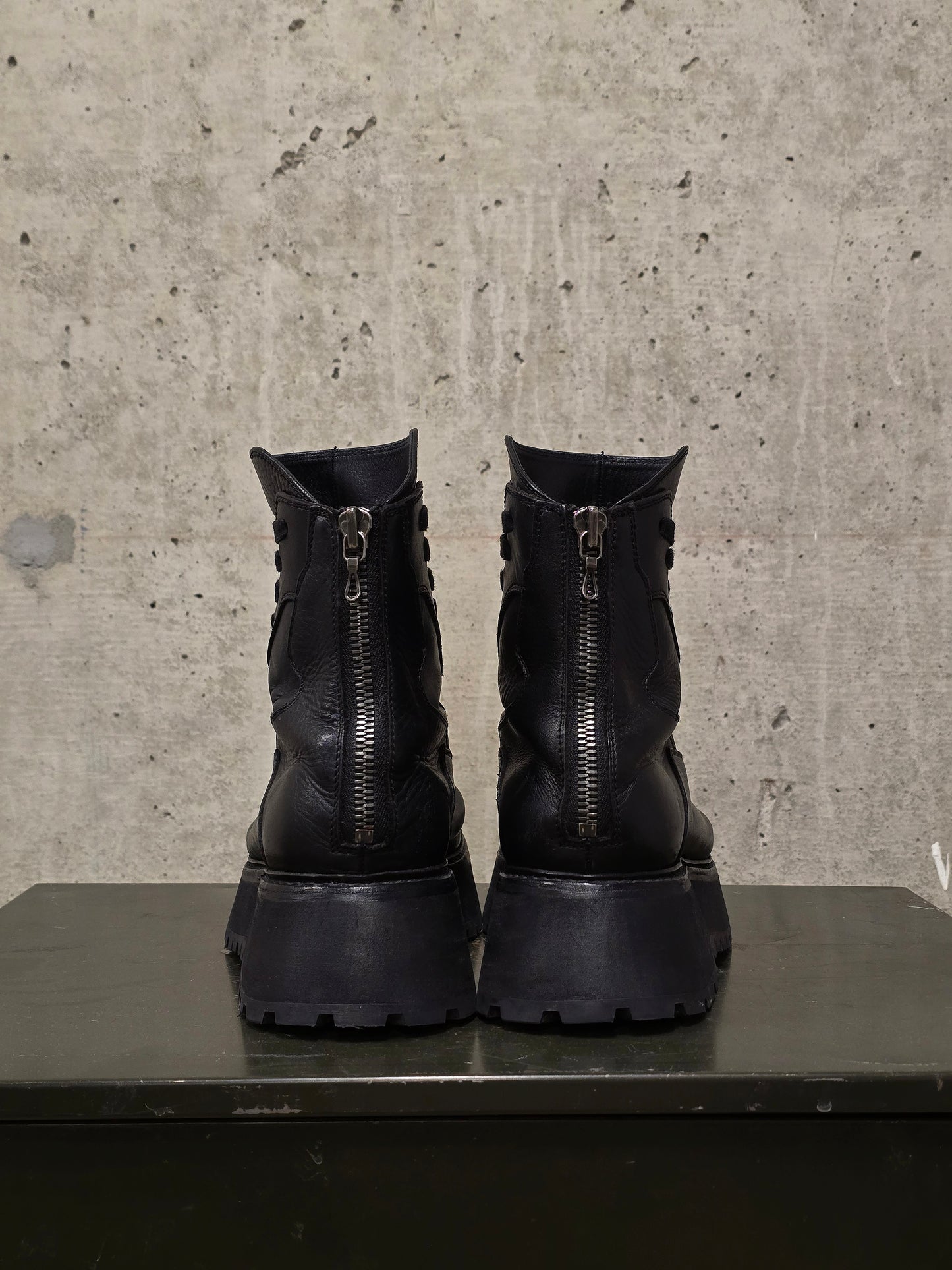 Julius_7 Pre-SS22 'Writhe;' Back Zip Front Lace Cow Leather Chunky Military Boots