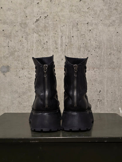Julius_7 Pre-SS22 'Writhe;' Back Zip Front Lace Cow Leather Chunky Military Boots