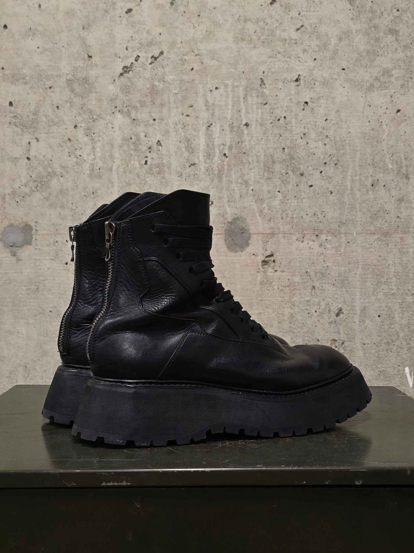 Julius_7 Pre-SS22 'Writhe;' Back Zip Front Lace Cow Leather Chunky Military Boots