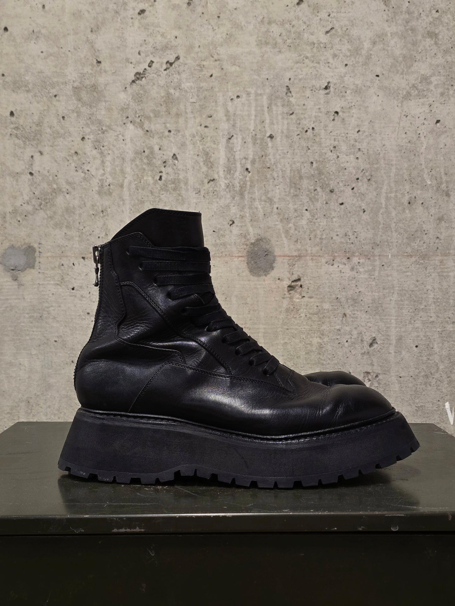Julius_7 Pre-SS22 'Writhe;' Back Zip Front Lace Cow Leather Chunky Military Boots