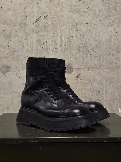 Julius_7 Pre-SS22 'Writhe;' Back Zip Front Lace Cow Leather Chunky Military Boots