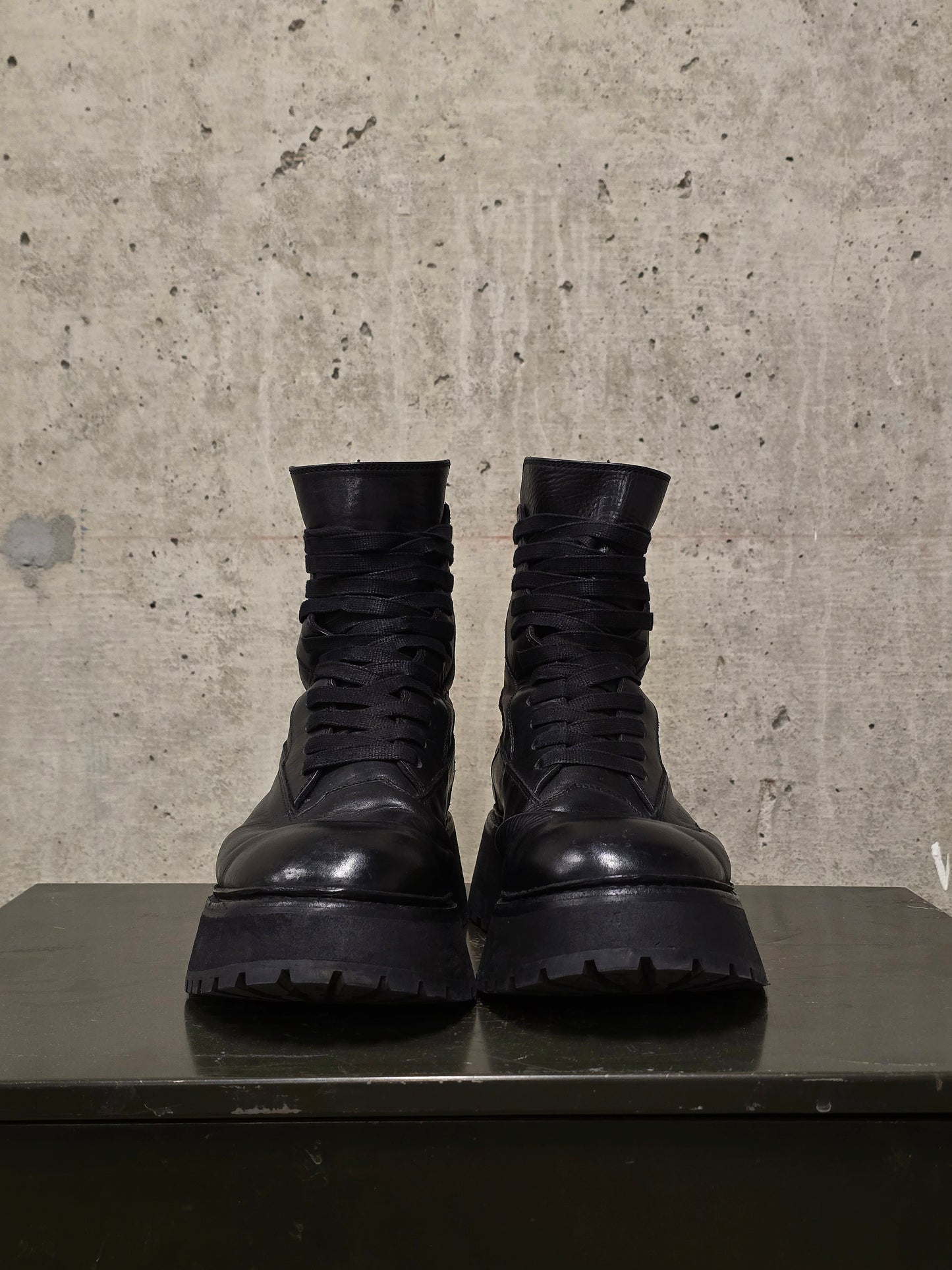 Julius_7 Pre-SS22 'Writhe;' Back Zip Front Lace Cow Leather Chunky Military Boots