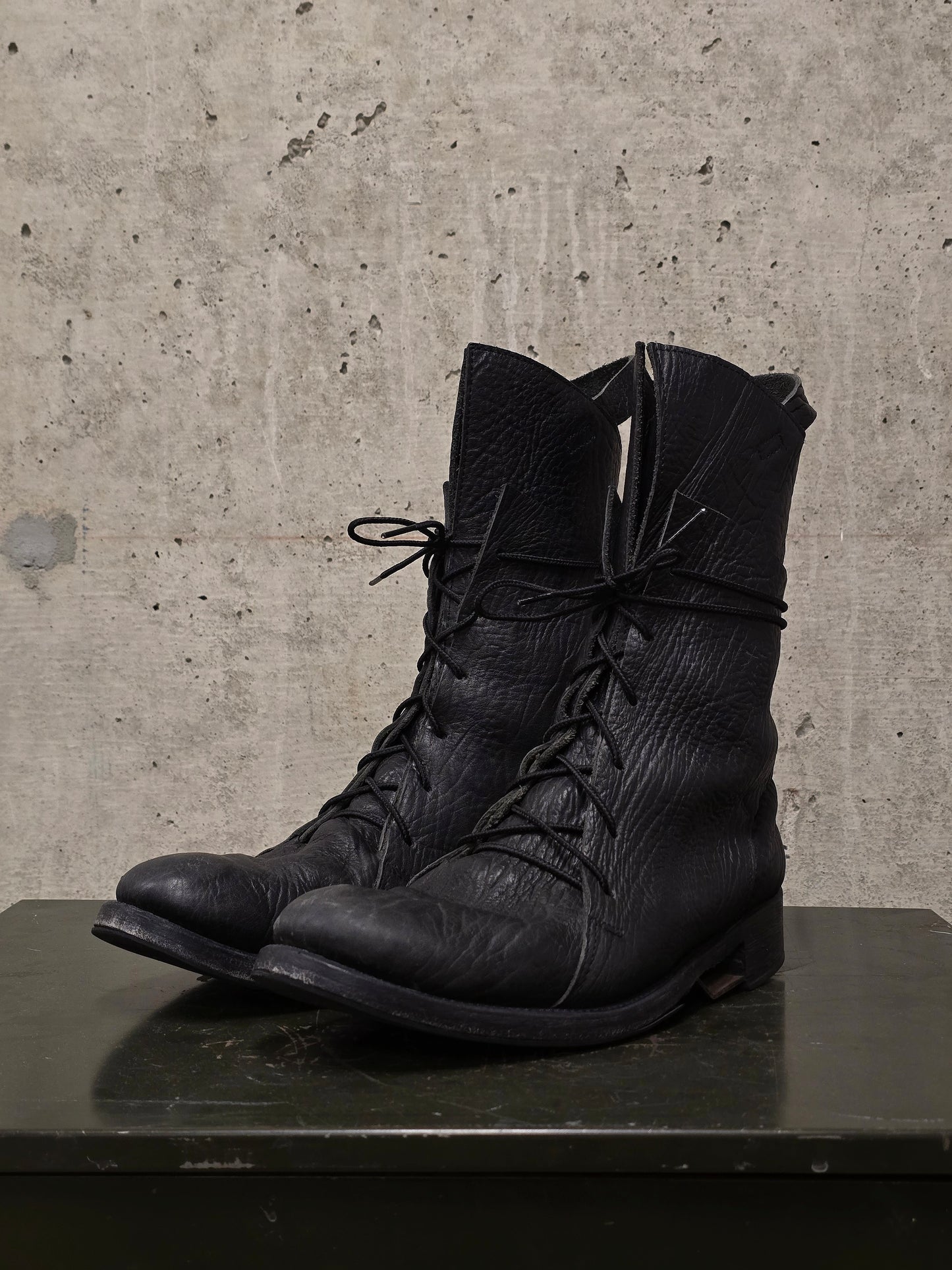 Boris Bidjan Saberi 2010s Double Layered Dark Grey Bison Leather Tall Combat Boots