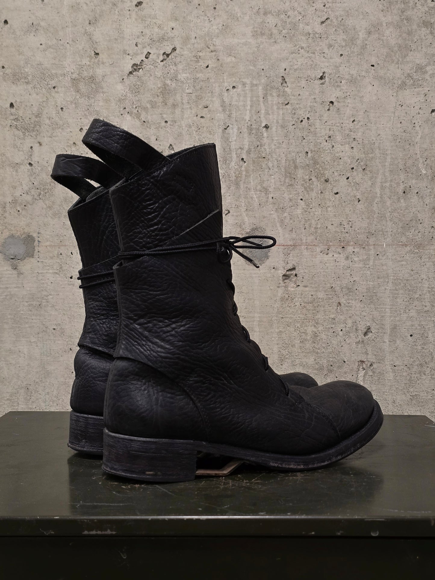 Boris Bidjan Saberi 2010s Double Layered Dark Grey Bison Leather Tall Combat Boots