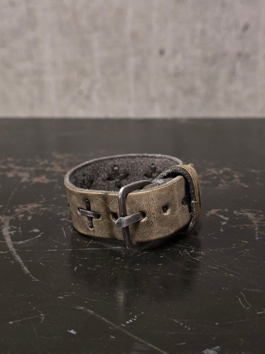 m.a+ by Maurizio Amadei 'AB14' GR 3.0 .925 Silver Cross Dirty White Cow Leather Wide Wristband