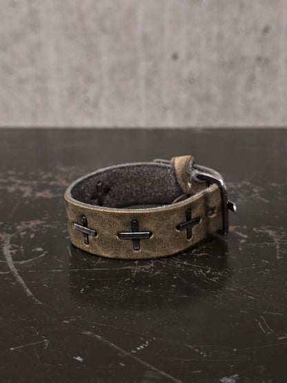 m.a+ by Maurizio Amadei 'AB14' GR 3.0 .925 Silver Cross Dirty White Cow Leather Wide Wristband