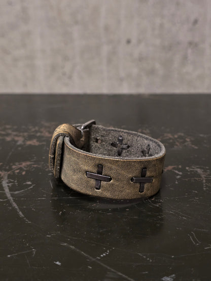m.a+ by Maurizio Amadei 'AB14' GR 3.0 .925 Silver Cross Dirty White Cow Leather Wide Wristband
