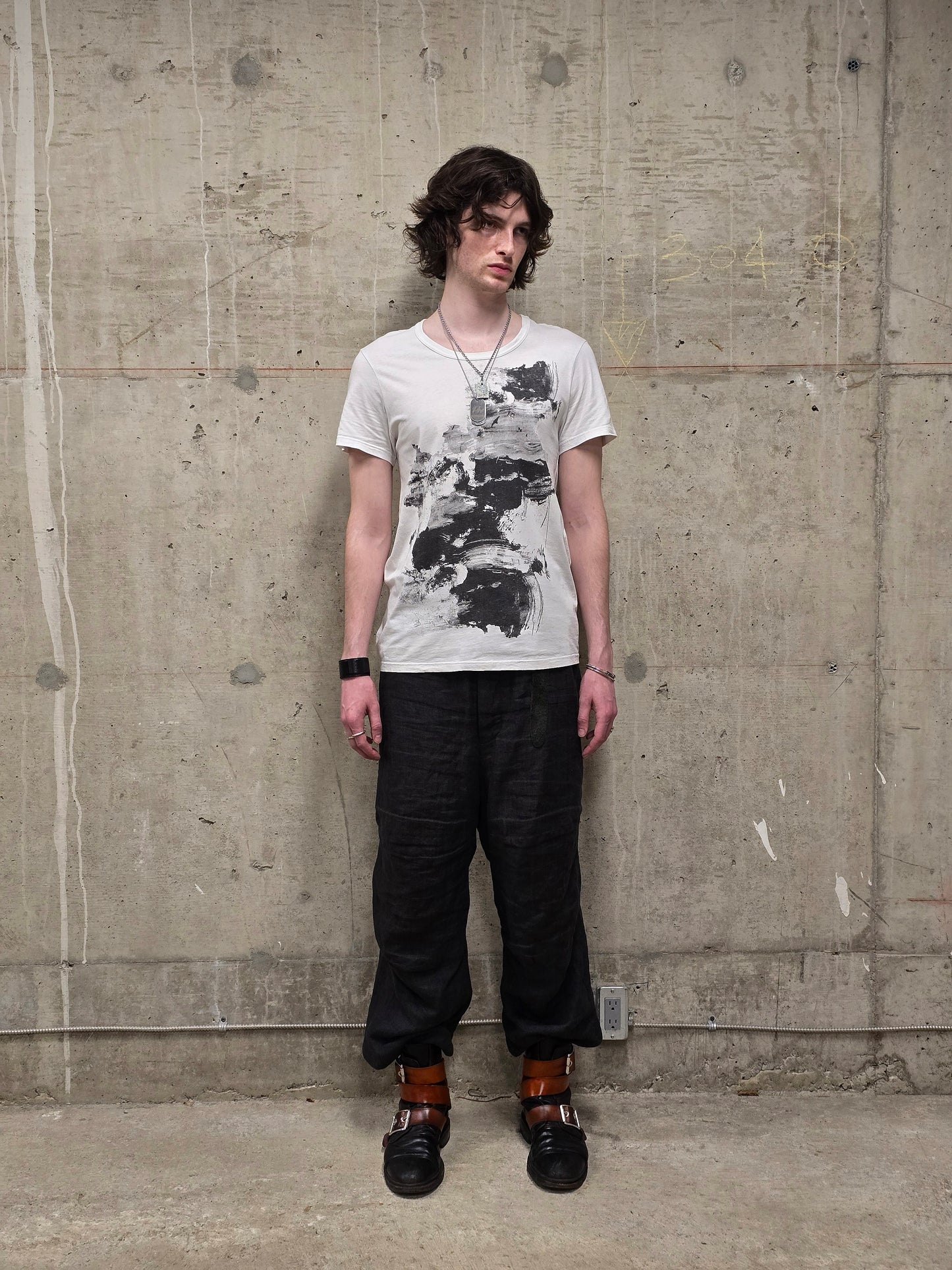 Ann Demeulemeester SS20 Off-White 'Elmer' Black Brush Stroke Graphic T-Shirt
