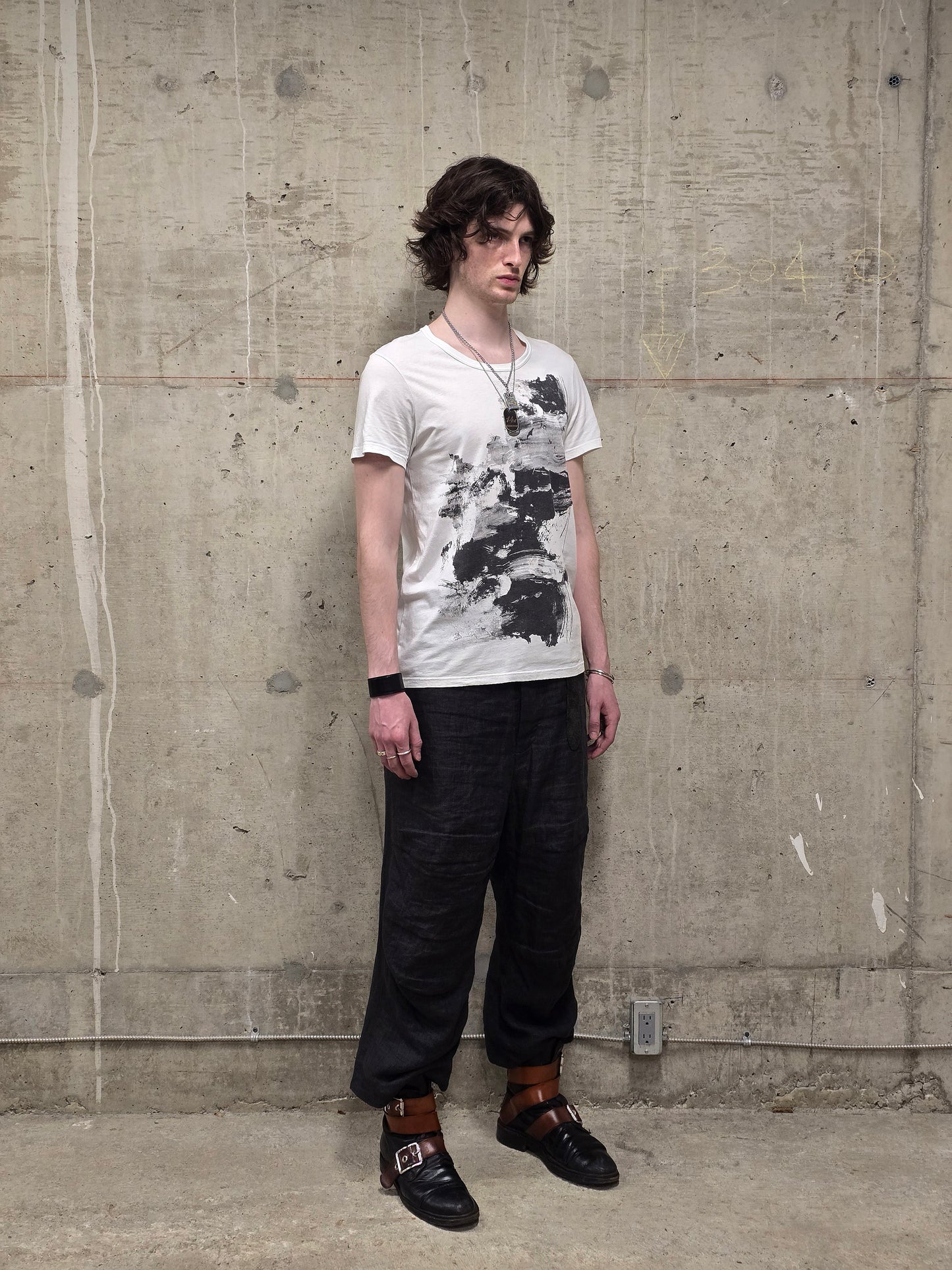 Ann Demeulemeester SS20 Off-White 'Elmer' Black Brush Stroke Graphic T-Shirt