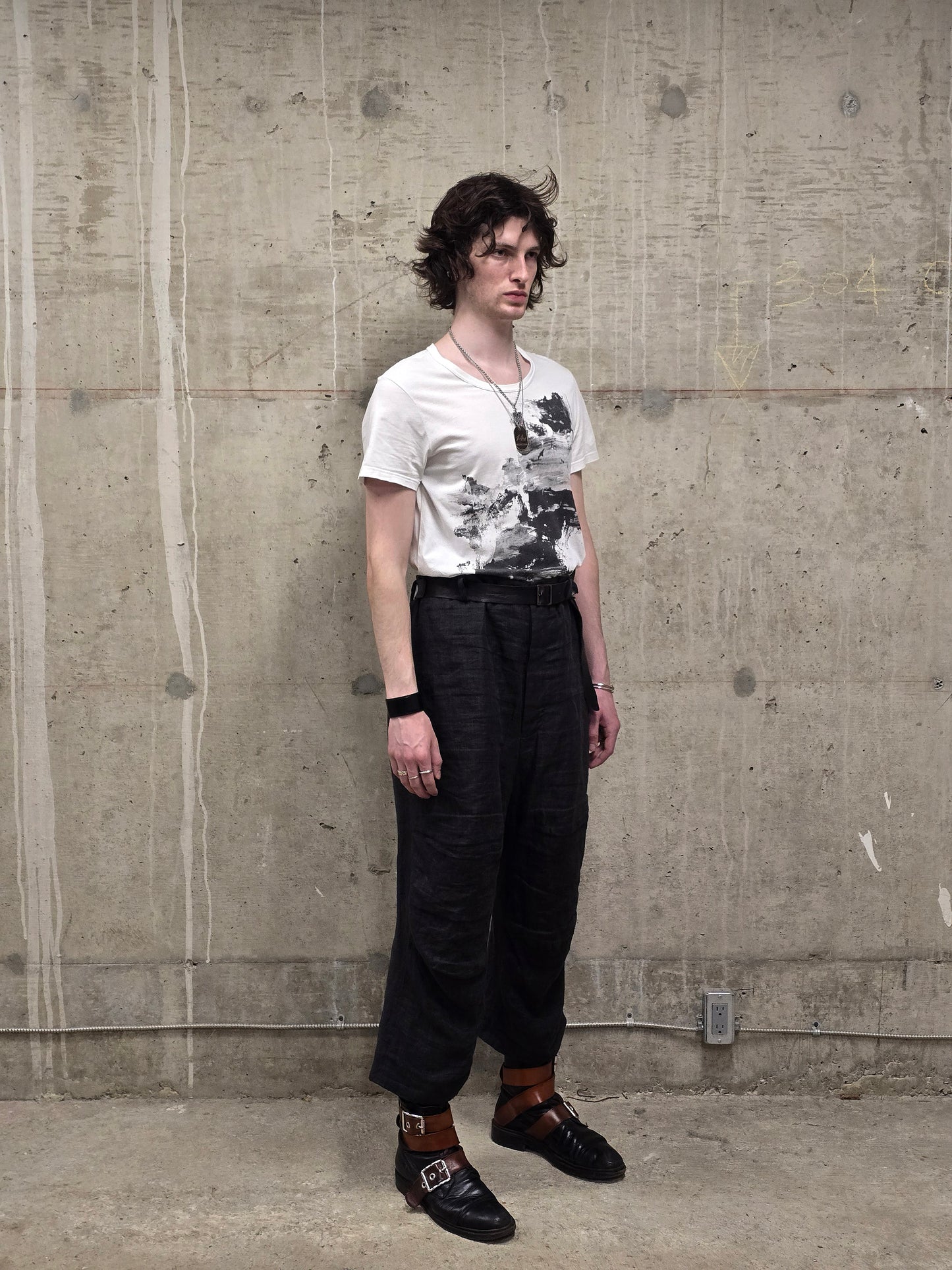Ann Demeulemeester SS20 Off-White 'Elmer' Black Brush Stroke Graphic T-Shirt